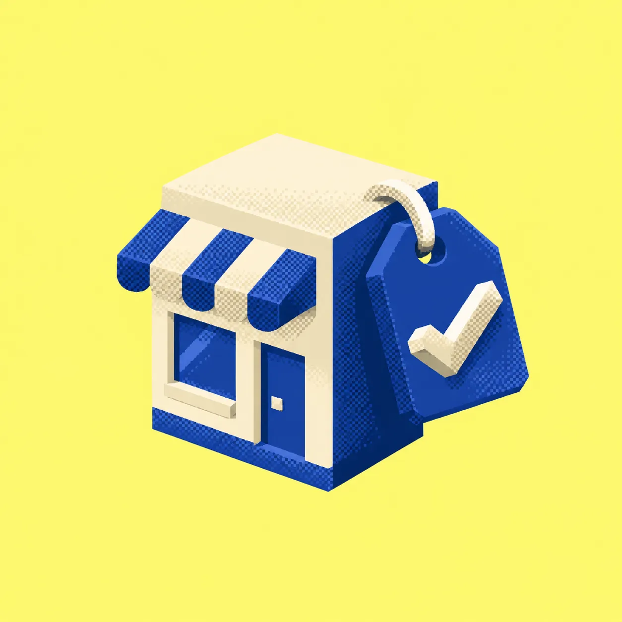 Cream and blue isometric storefront with a checked sale tag on a yellow background