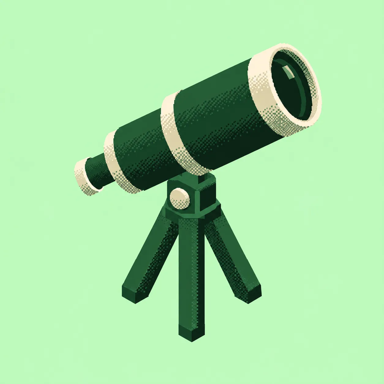 Dark green and cream isometric telescope on a mint background
