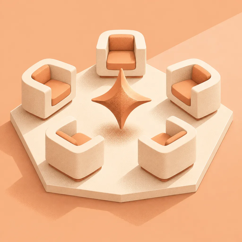 Five cream and pastel-orange armchairs arranged around a floating orange star